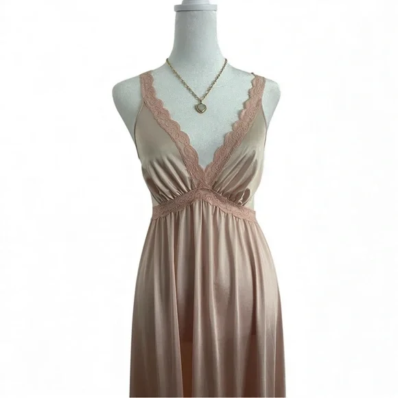 Vintage Olga Pink Lace Satin Nightgown Maxi Dress Style 9633 Size Small - Picture 2 of 7